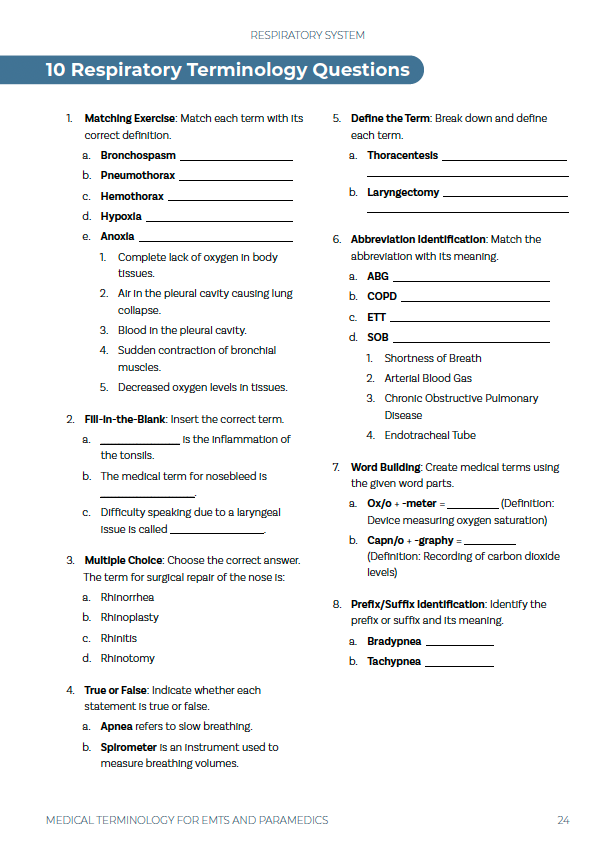 Medical Terminology Workbook for EMTs and Paramedics (Physical Book)